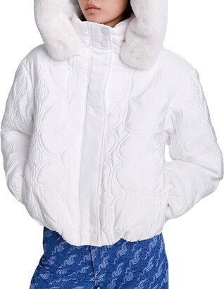 EMBROIDERED FAUX FUR HOODED JACKET WHITE
