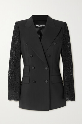 Dolce & Gabbana Double-breasted Topstitched Wool-blend And Lace Blazer - Black