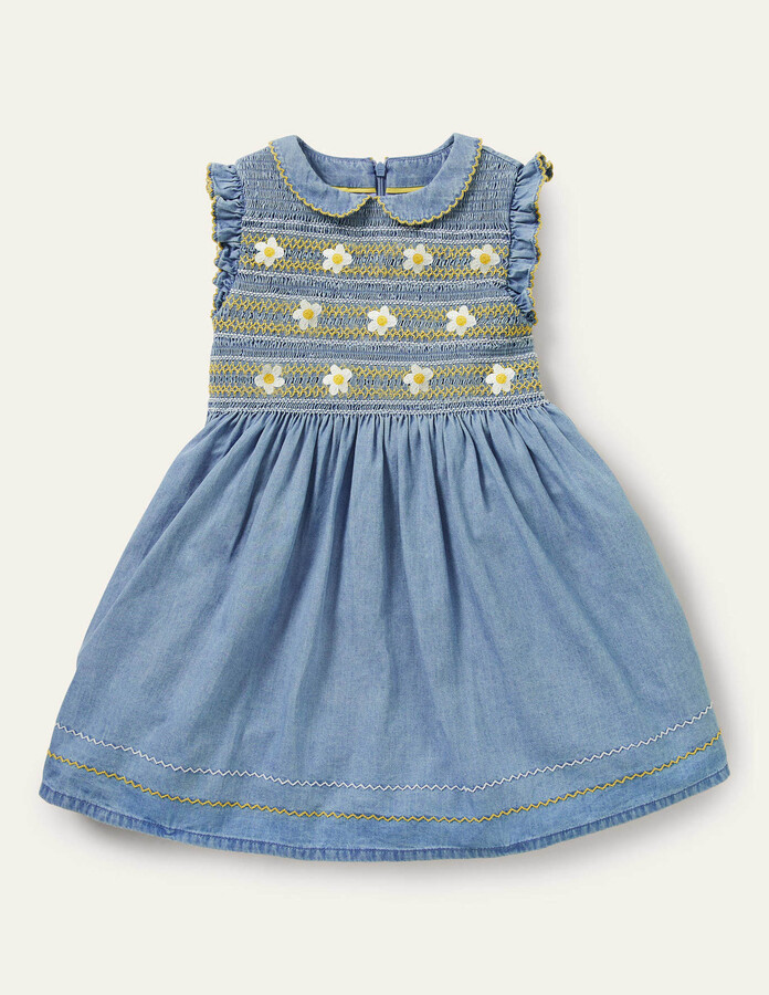 White/Lake Blue NEW RRP £45 Mini Boden Smocked Waist Printed Dress U15