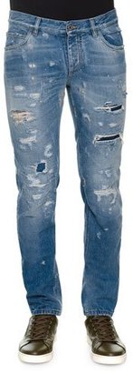 Dolce & Gabbana Distressed Denim Jeans with Embroidered Bee, Light Blue