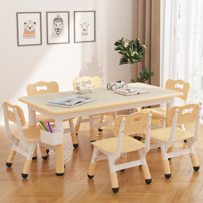 Kids Study Table and 6 Chairs Set with Storage Height Adjustable Toddler Table and Chair Set for Kids Ages 3 to 8 Anti Slip Floor Mats Easy Clean Desk