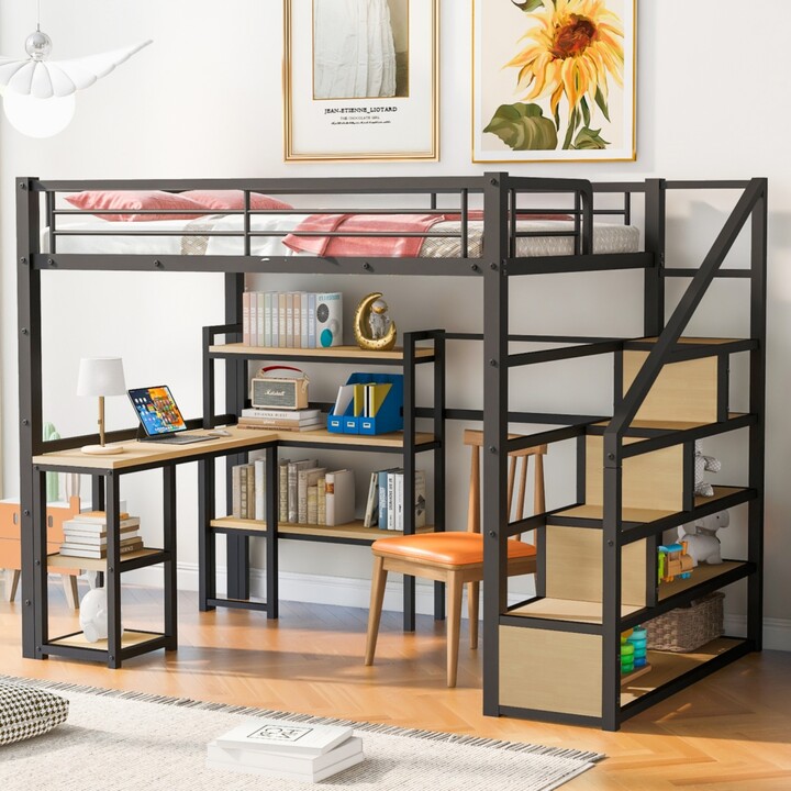 Streamdale Furniture Full Size Metal Loft Bed With Staircase Built-In Desk And Shelves