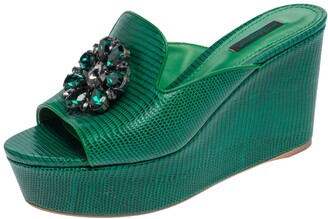 Dolce & Gabbana Green Lizard Embossed Leather Wedge Sandals Size 38 -  ShopStyle