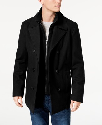 Kenneth Cole Men's Double Breasted Wool Blend Peacoat with Bib