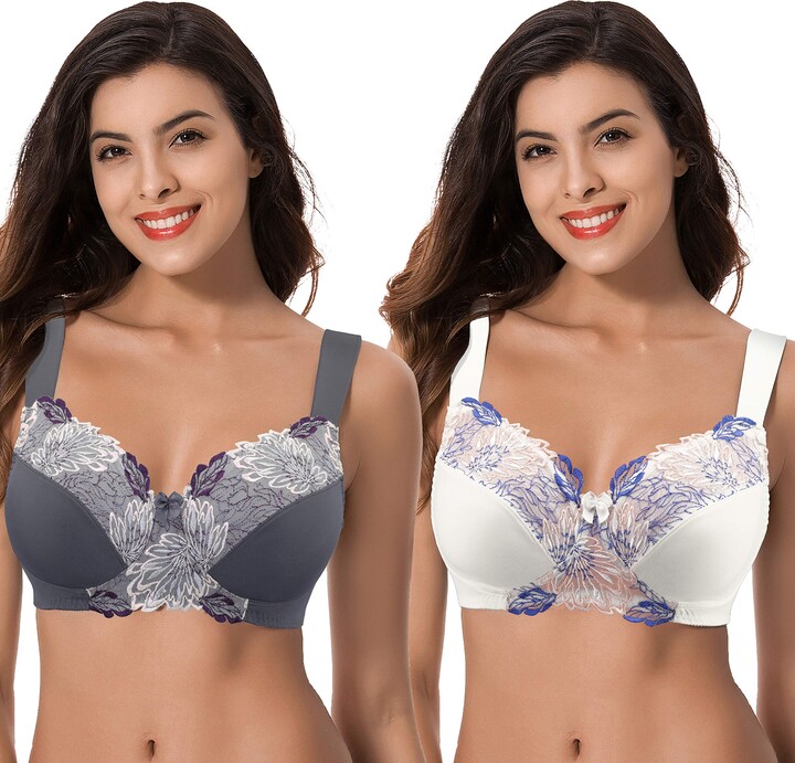 Curve Muse Plus Size Unlined Minimizer Wire Free Bra With Embroidery Lace-3Pack
