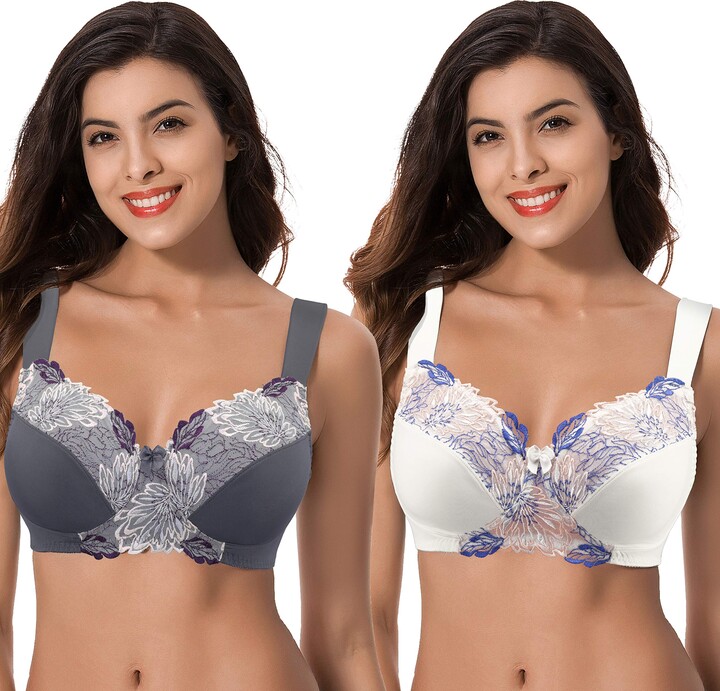Curve Muse Plus Size Unlined Minimizer Underwire Bra with Embroidery Lace-3  Pack