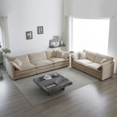 Hokku Designs Modern 2+3 Seater Beige Chenille - Wood High Fabric Comfort Foam Seat Living Room : Chenille Beige