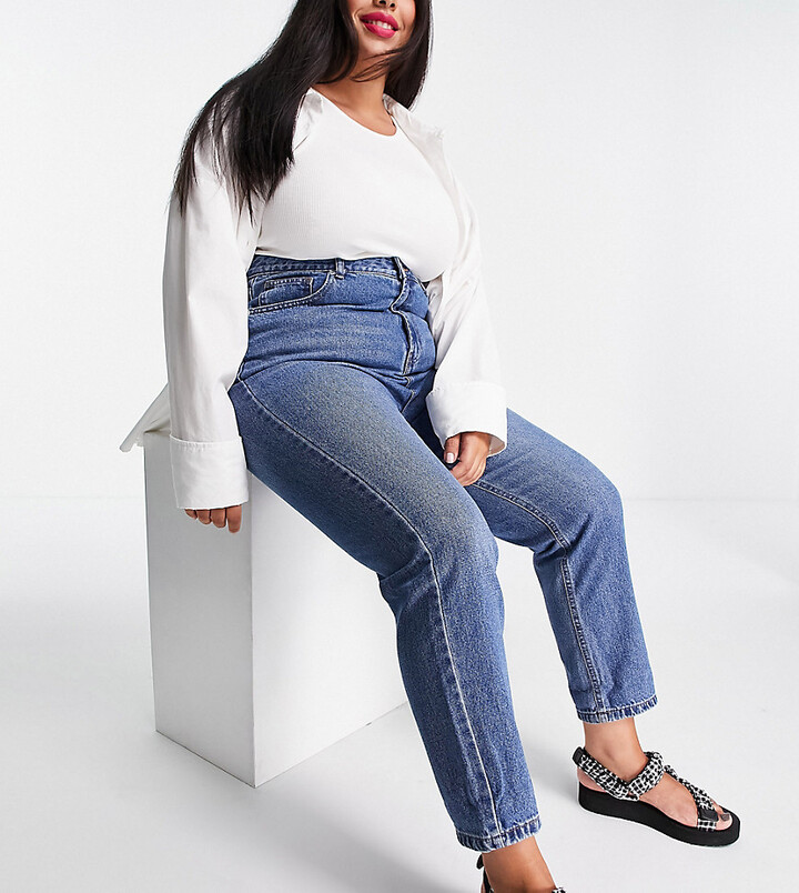 Don't Think Twice Plus DTT Plus Emma super high waisted mom jeans in mid  wash blue - ShopStyle