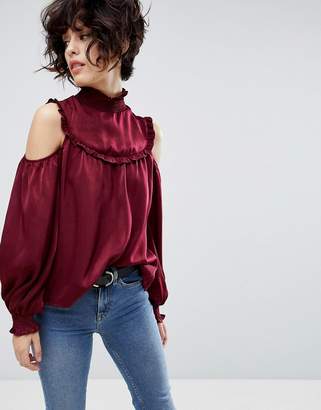 J.o.a. Cold Shoulder Long Sleeve Top With High Shirred Neck