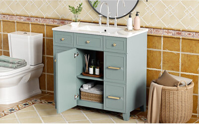 Ebern Designs 36" Bathroom Vanity With Ceramic Sink, Solid Wood, 3 Drawers, Soft Close, Adjustable Shelf Cabinet Basin,