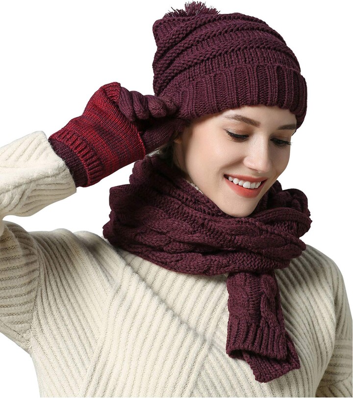 VanRolldex Warm Scarf Glove Hat Beanie Set - Cable Knit Winter Gift Set Pom  Cap Touch Screen Glove Long Scarf 3 PCS Set for Women - ShopStyle