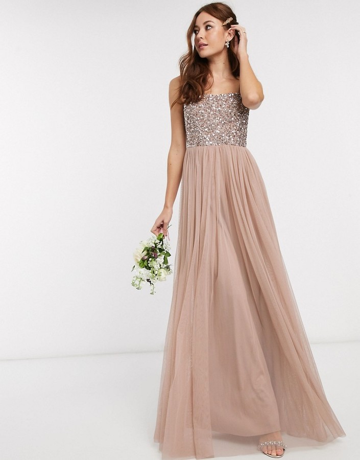 maya bridesmaid halter neck maxi tulle dress with tonal delicate sequins in taupe blush