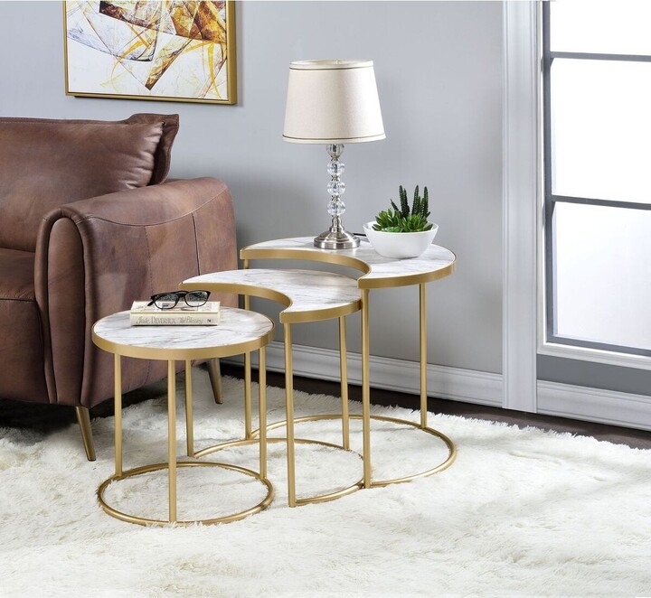 Calnod 3Pc Pack Nesting Tables with Faux Marble Top and Metal Open Frame, 2  Half Moon Table and 1 Round Shape Table - ShopStyle