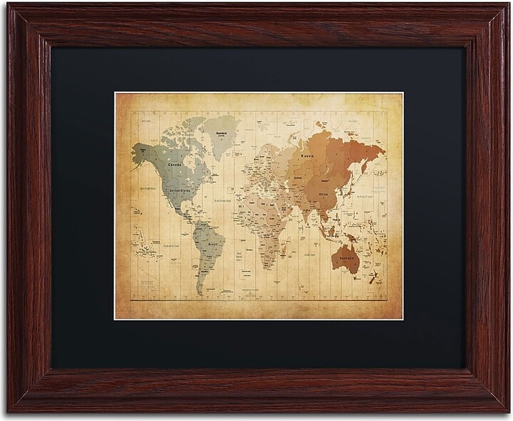 Trademark Global Trademark Michael Tompsett "Time Zones Map of the World" Art, Black Matte W/Wood Frame, 11" x 14"