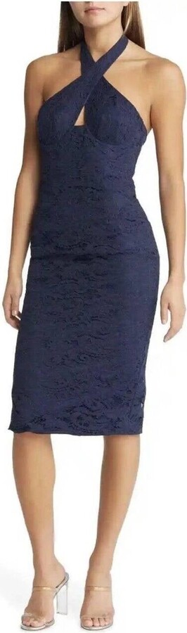 Bardot Riviera Lace Crisscross Corset Midi Dress In Navy