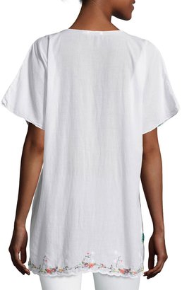 Johnny Was Daisy Sheer Dolman-Sleeve Embroidered Top, White