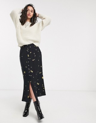 Only midi skirt with button through in black ditsy floral