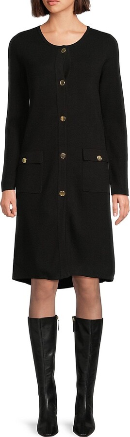 Tahari Button-Front Knit Long-Sleeve Sheath Dress
