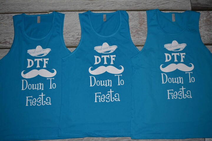 Mens Dtf Down To Fiesta Bachelor Tanks, Mexico Party, Sombrero, Mustache, Mexican Spanish Siesta