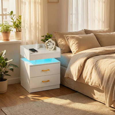 17 Stories Modern Led Night Stand With Charger Station Functional Storage Cabinet With 2 Drawers And Shelves Minimalist Bedroom Furniture Perfect For Bedroom L