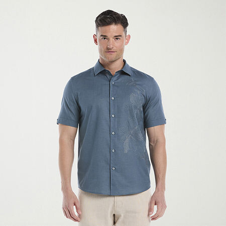 Cubavera Asymmertical Emboridered Mens Short Sleeve Regular Fit Button-Down Shirt