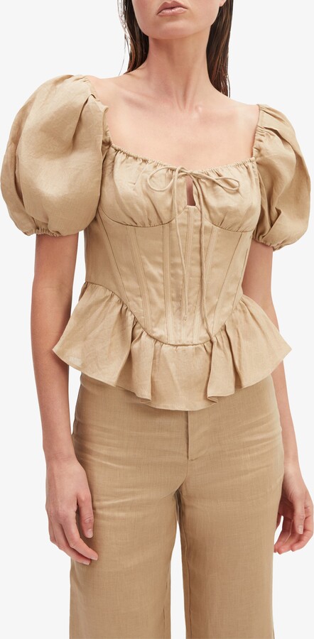 Bardot Esra Puff Sleeve Linen Corset Top