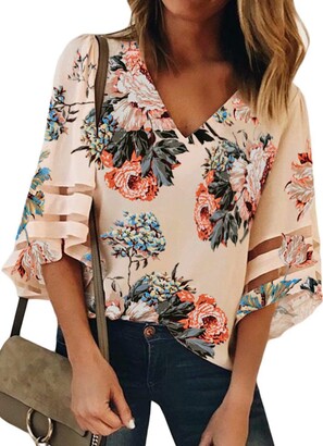 BLENCOT Women's Sweet Tops V Neck Floral 3/4 T Shirt Flare Sleeve T-Shirt  Ladies White Blouse Loose Shirts Pullover 10 - ShopStyle