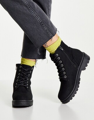 New Look suedette zip detail lace up flat boot in black - ShopStyle