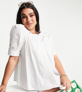 ASOS Curve ASOS DESIGN Curve short sleeve cotton top with floral cutwork in ivory