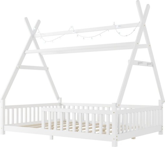 TopComfyBedsFullSizeHouseBedFenceRoofBedFrameforKidsLowFloorStructureHouseDesignSafetyFenceforKidsRoom,White,80.91\