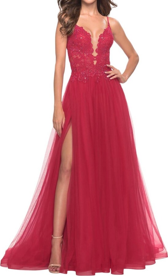 A-Line Tulle Lace Prom Dress In Red