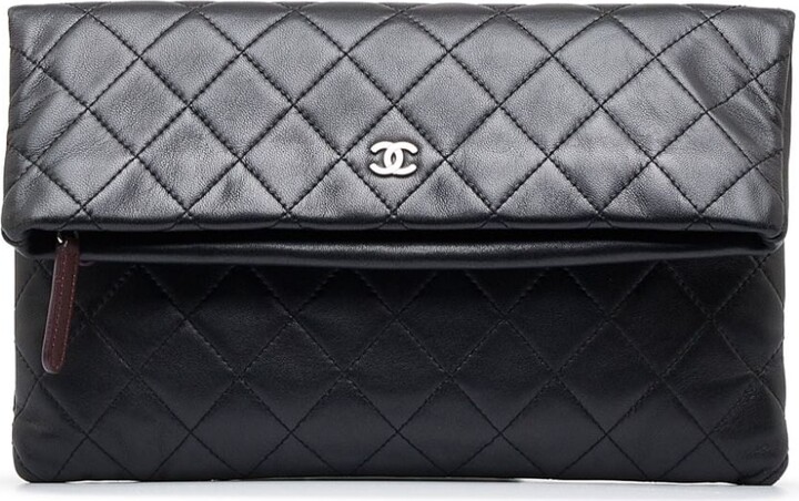 CHANEL Foldover Quilted Caviar Leather Clutch Bag Blue