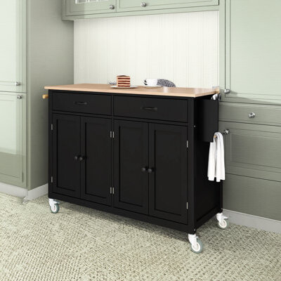 Kitchen Island Cart: Solid Wood Countertop, Locking Wheels, 54.3 Inches Wide, 4 Doors, 2 Drawers, Spice Rack, Towel Rack (black)