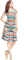 Thumbnail for your product : Anne Klein Petite Cap-Sleeve Striped Belted Dress