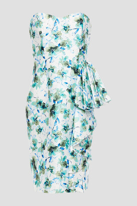 Badgley Mischka Strapless Draped Floral-print Faille Dress