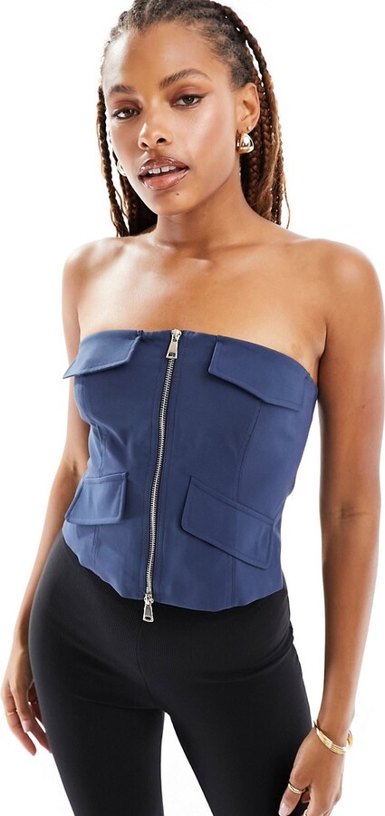 Bershka denim bandeau corset top in light blue