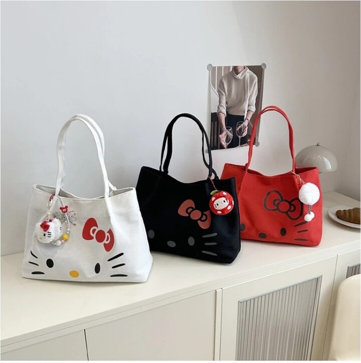 SANRIO Hello Kitty Canvas Tote Bag for Women - Large Cute Cartoon Shoulder Bag Fashion Versatile Commuting Handbag