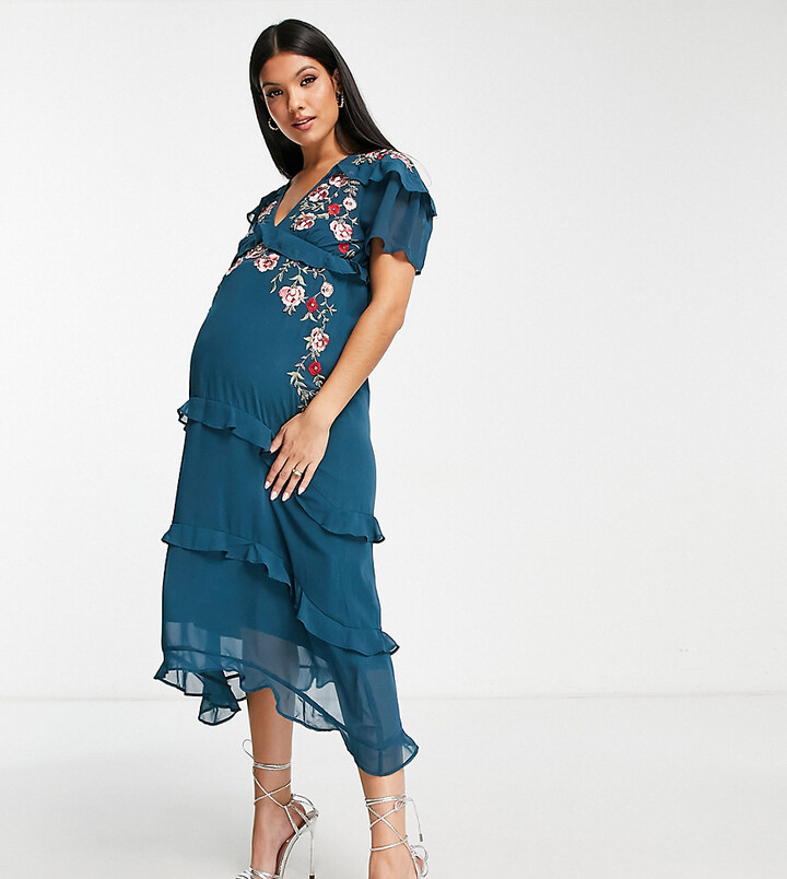 Hope & Ivy Maternity embroidered open back midi dress in navy