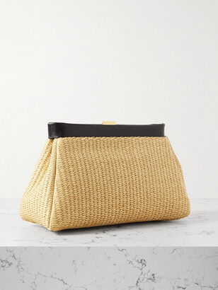 DeMellier Cannes Leather-trimmed Raffia Clutch - Neutrals