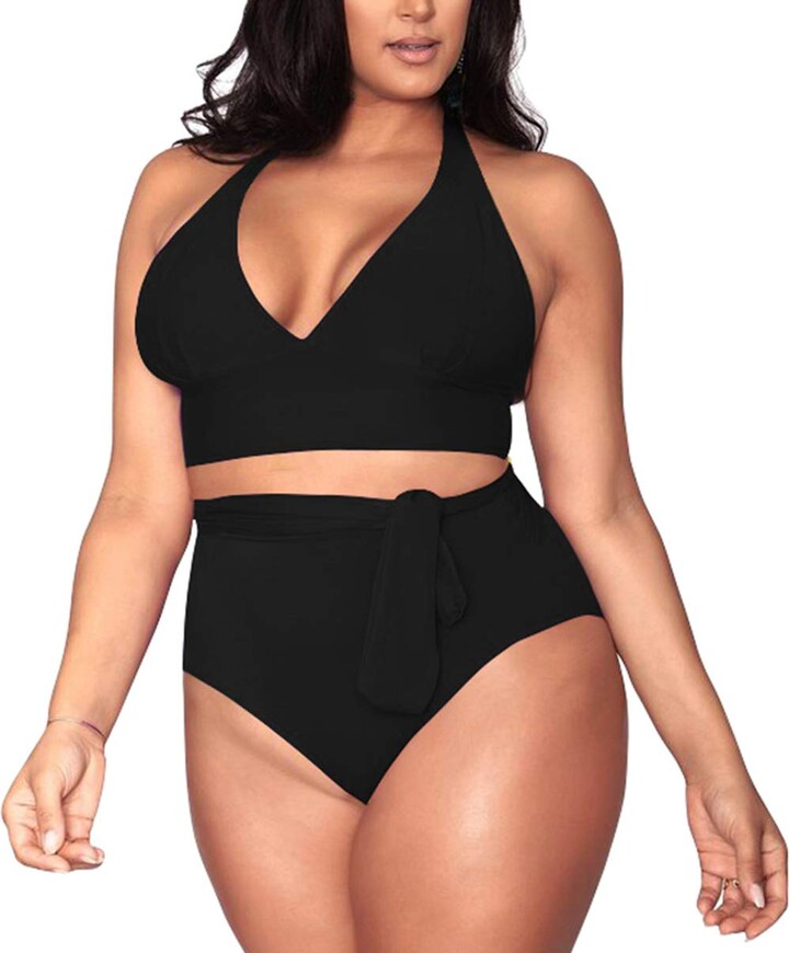 Sovoyontee Women's Plus Size High Waisted Tummy Control Swimwear Swimsuit  Full Coverage - black - 3XL More