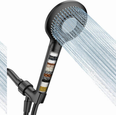 Symple Stuff AquaPure High-Pressure Handheld Showerhead with 15-Stage Water Softener, 3 Spray Modes, Chlorine Removal, and Hard Water Filter - Matte Black