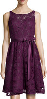 Thumbnail for your product : Marina Sleeveless Tie-Waist Lace Cocktail Dress, Plum