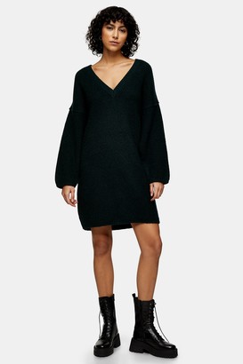 Topshop Womens Khaki Oversized V Neck Knitted Jumper Dress - Khaki