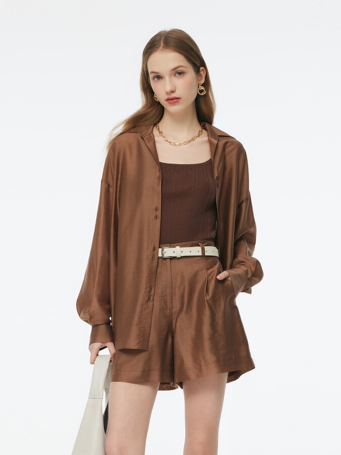 GOELIA Tencel Blend Shirt And Knit Camisole Two-Piece Set - Brown / XXS