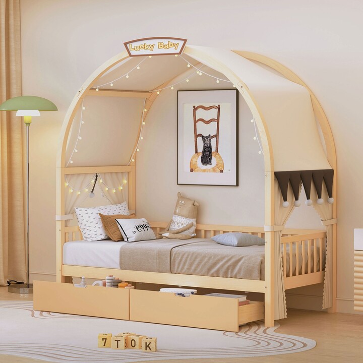 Sernadecor Elegant Arched Canopy Bed Design Twin Size Extended Bed with 2 Drawers, Integrated ...