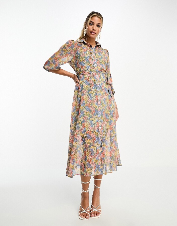 Nobody's Child Malika belted midi dress with sheer overlay in mixed ...