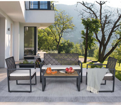 Latitude Run 4-Piece Patio Furniture Set Outdoor Balcony Porch Garden Backyard Lawn Furniture Table Top Morden Brown Cushion