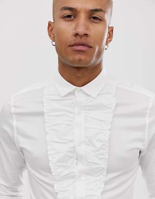ASOS Design DESIGN wedding skinny fit sateen shirt with ruffle front-White