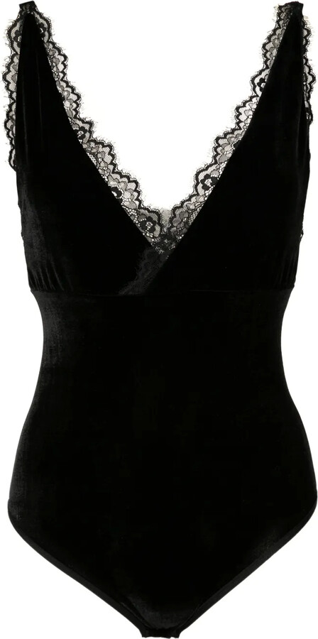 Lethicia Bronstein Lace-Trim Velvet Bodysuit