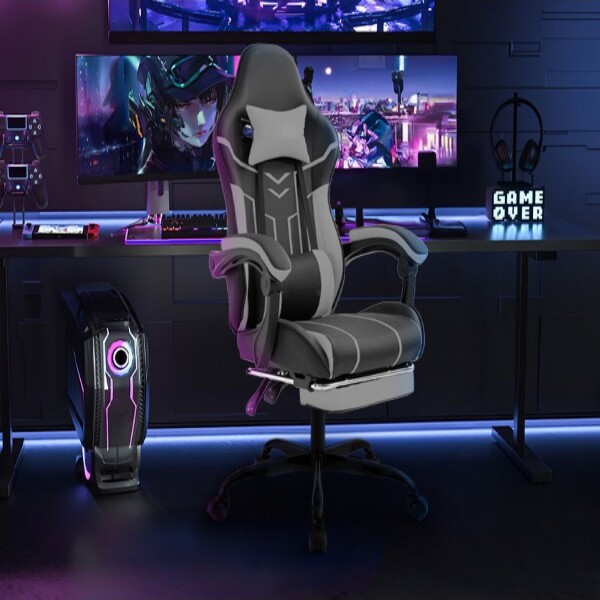 TopComfyTaskandOfficeGamingChairLumbarSupportFootrestHeadrest360SwivelForHomeOfficeGamingStudyGray30.31\